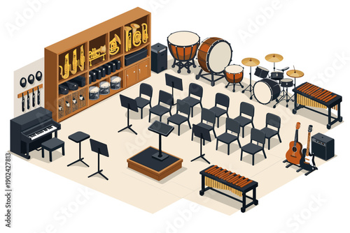 Orchestra room with various musical instruments and seating arrangement