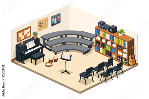 Music classroom with piano, tiered seating, instruments, and bookshelves