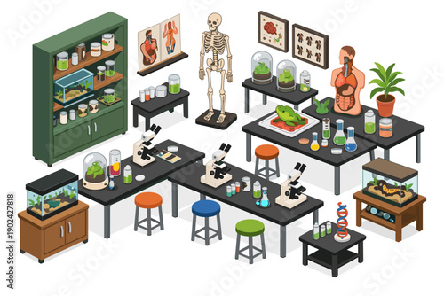 Isometric science laboratory with anatomical models, microscopes, and specimens