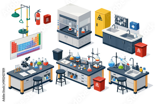 Isometric laboratory equipment and supplies arranged on benches for scientific research