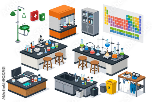 Isometric laboratory equipment and supplies for scientific research and experiments