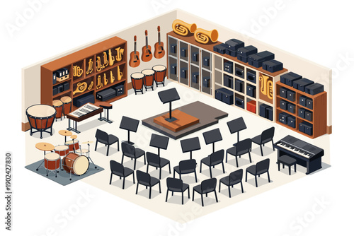 Isometric view of a music room filled with various instruments and seating arrangements