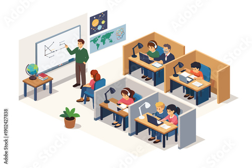 Modern classroom with teacher instructing students using technology and individual study cubicles