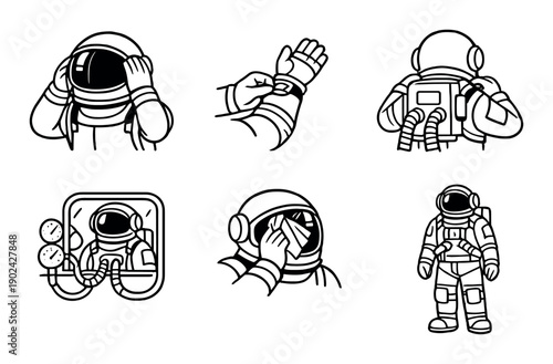 Cartoon astronaut icon set with space suit and helmet illustrations