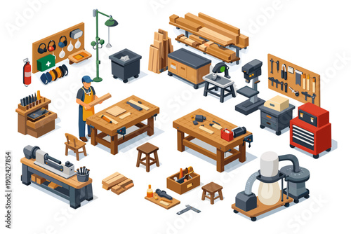 Isometric woodworking workshop with tools, lumber, and a craftsman at work