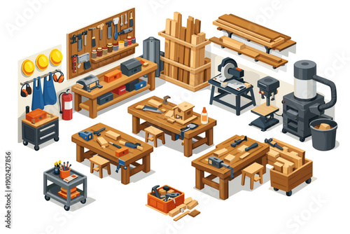 Isometric woodworking workshop with tools, lumber, and machinery for crafting