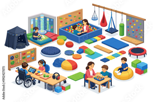 Diverse children engage in sensory play and therapy activities in a bright, modern therapy room
