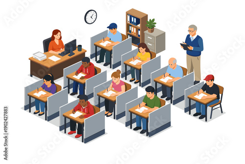 Diverse students taking an exam in a modern classroom with teachers supervising