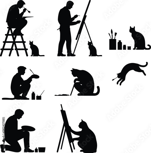 Artist silhouette, cat painting, creative vector illustration, black design, pet interaction, feline muse, art supplies, whimsical concept, inspiration, 