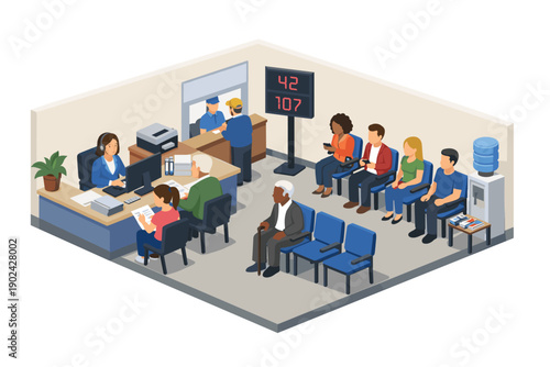 People waiting in line at a service counter with a digital queue number display