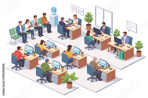 Diverse group of people working in a modern office environment with computers and desks