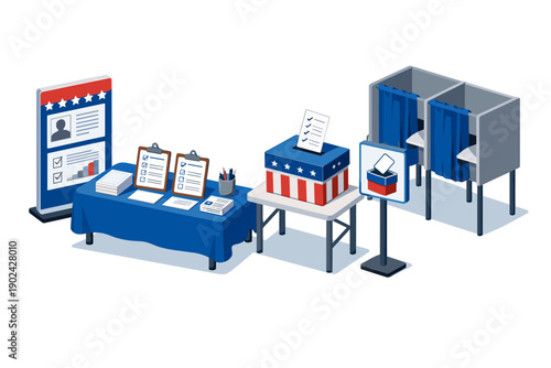 Election day voting booth setup with ballot box and registration table