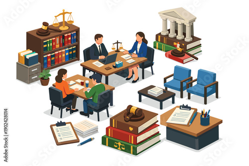 Lawyers meeting with clients and discussing legal documents in a modern office setting