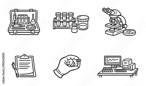 Laboratory icon set featuring microscope, test tubes, and analytical equipment