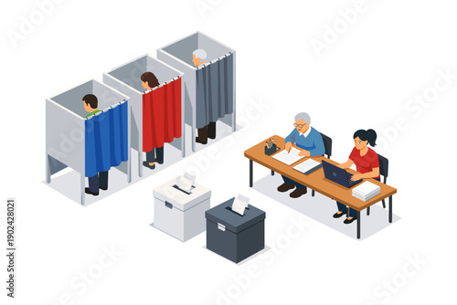 People casting votes in polling booths and election officials managing the process