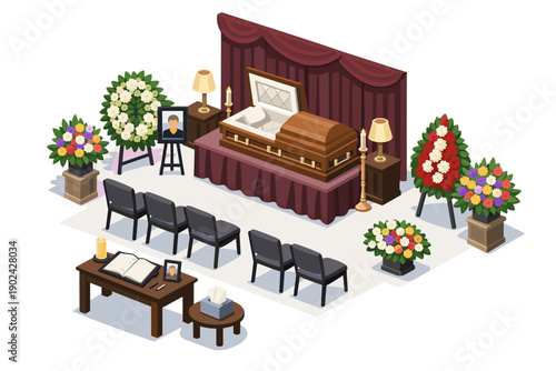 Funeral service scene with casket, flowers, chairs, and memorial portrait