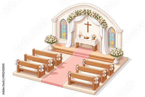 Charming cartoon wedding chapel interior with pews, altar, and floral decorations