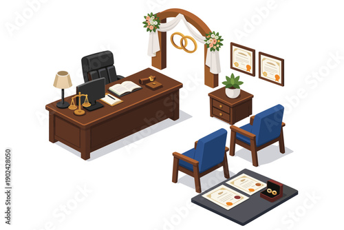 Isometric courtroom scene with wedding arch, desk, chairs, and legal documents