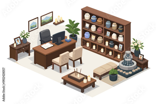 Serene office space with urns, fountain, and calming decor for reflection