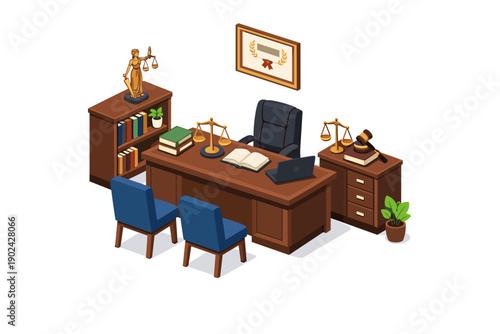 Lawyer's office with scales of justice, gavel, and law books, isometric view