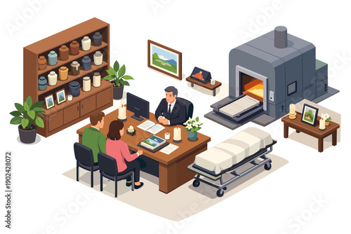 Funeral director discusses cremation services with grieving family in somber office setting