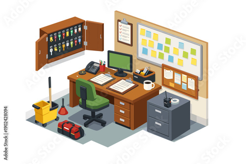 Isometric office scene with desk, filing cabinet, key holder, and cleaning supplies