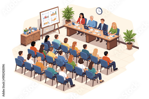 Business meeting with presentation and audience in a conference room setting