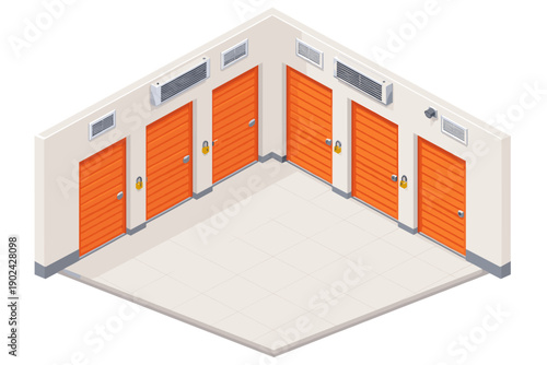 Isometric view of a self-storage facility hallway with multiple orange roll-up doors and locks