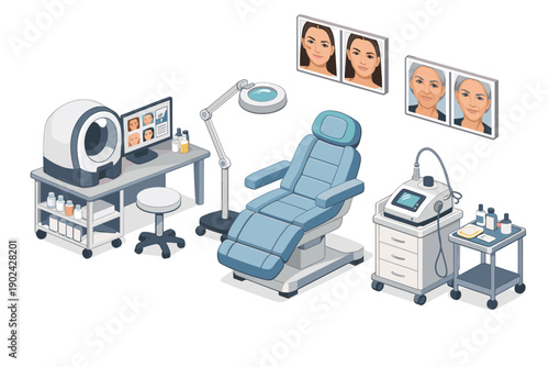 Modern cosmetic surgery clinic interior with advanced equipment for facial treatments