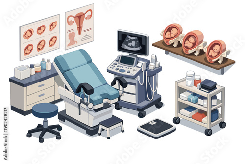 Isometric medical examination room with ultrasound, gynecological chair, and fetal models