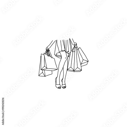 Minimalist line art drawing depicting a stylish woman's legs holding numerous shopping bags after a successful retail day