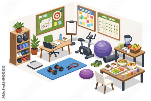 Home gym and healthy lifestyle setup with workout equipment and nutritious food