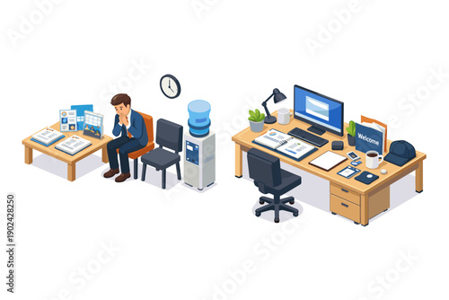 Man anxiously waits for job interview next to water cooler while desk is ready