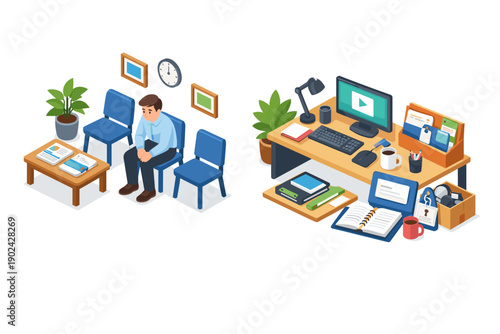 Man anxiously waits in office lobby while desk is organized with work supplies