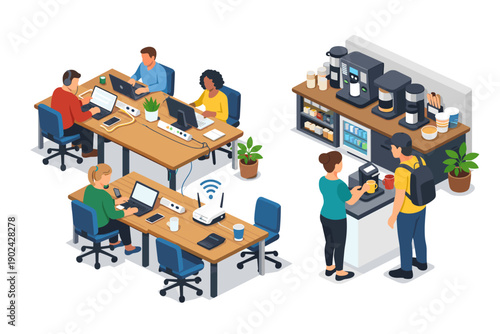 Modern office space with people working at desks and a coffee station