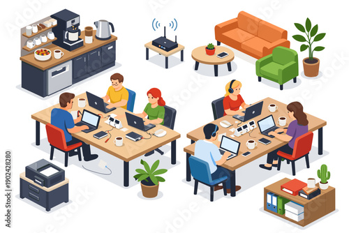 Modern coworking space with people working on laptops and a coffee station