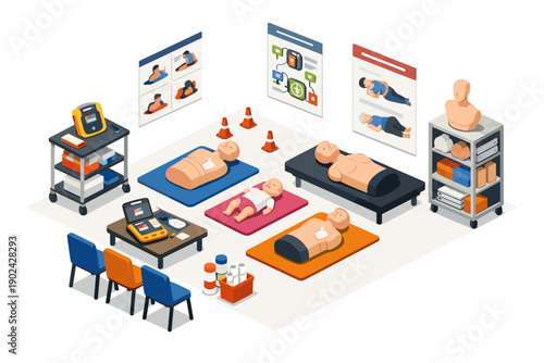 CPR training class with mannequins, AED, and instructional materials