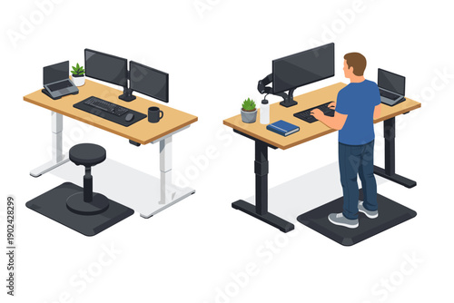 Modern ergonomic workstations with adjustable standing desks and dual monitors