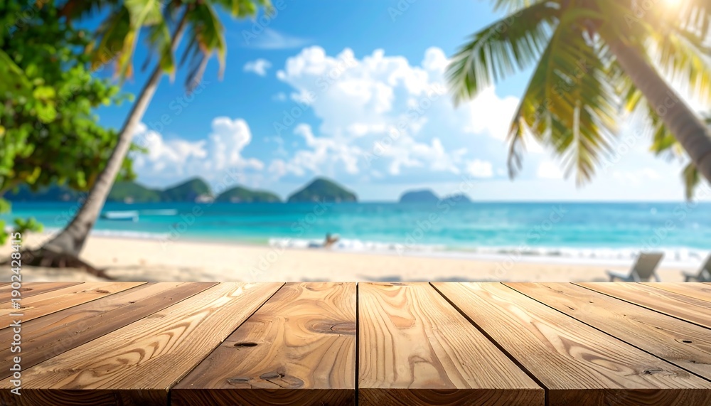 Fototapeta premium Wooden table foreground, tropical beach, sunny day, palm trees