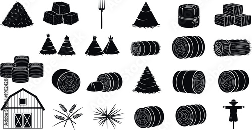 Farm Harvest Silhouette Set with Hay Bales, Wheat Sheaves, Barn, Pitchfork, and Scarecrow for Agriculture and Farming Design Projects