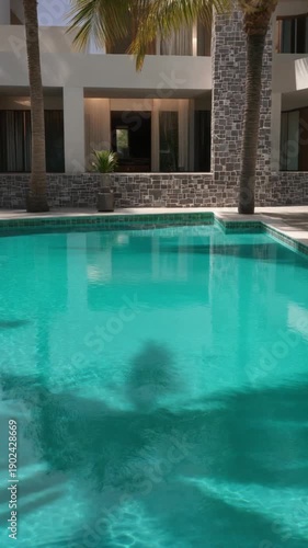 turquoise infinity pool surrounded by modern stone architecture, palm shadows gently flickering