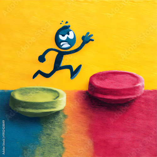 Frustrated cartoon character running towards a choice between two colorful options.