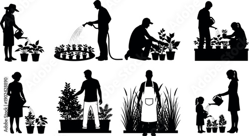 Gardening People Silhouettes Set Watering Plants and Tending Flowers Vector Illustration Collection for Agriculture Design