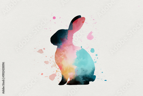 Watercolor bunny silhouette with colorful paint splashes on a light background creates a modern and artistic Easter holiday illustration