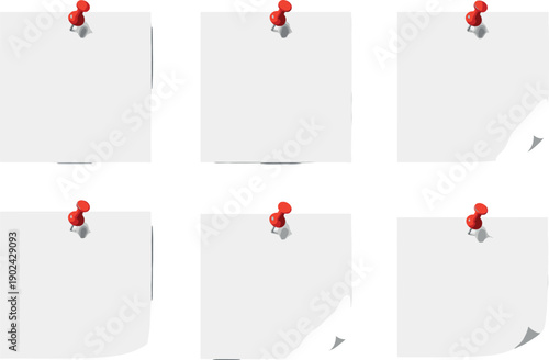 Set of Blank White Sticky Notes with Red Push Pins and Curled Corners Isolated on White Background for Office Reminders and Message Board Graphic Design