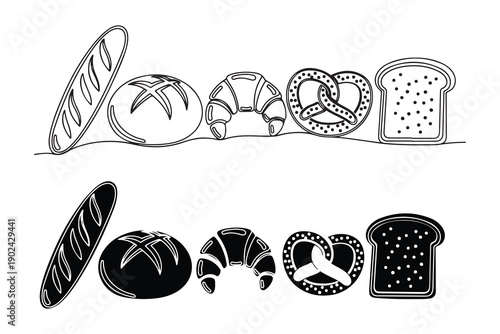 A delightful assortment of various breads and pastries displayed in a charming illustration