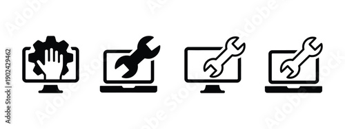 IT support icons, technical assistance symbol, help desk service, computer troubleshooting, network support, editable stroke, vector illustration