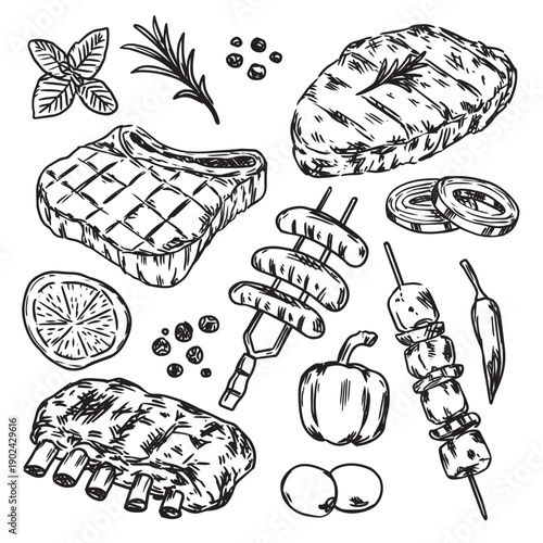 set of isolated hand drawn grilled meat steak and BBQ cooking food illustration