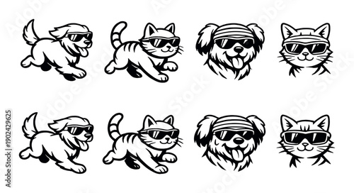 Black and white cool cats and dogs with sunglasses and bandanas