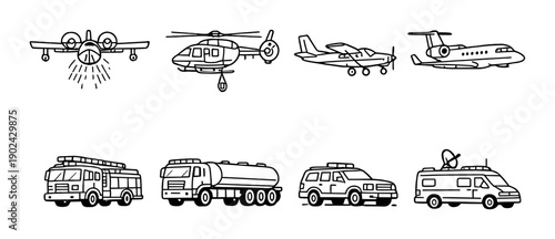 Set of eight emergency vehicles and aircraft icons on gray background